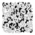 Hand drawn Doodle Monsters. Face emotions, Coloring poster with monsters