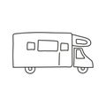 Hand drawn doodle motorhome car for coloring children book. Simple line, 2 - 4 age group. Big mashines, lorry, havy vehicle