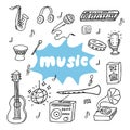 Hand drawn doodle music instruments and elements, contour objects isolated on white background stock vector illustration Royalty Free Stock Photo