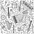 Hand drawn doodle musical instruments. Vector sketch illustration set, black outline art collection for web design, icon Royalty Free Stock Photo