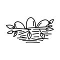 Hand drawn doodle  with nest, eggs, leaves isolated on white background. Vector outline illustration. Royalty Free Stock Photo