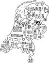 Hand drawn doodle Netherland map. Holland city names lettering and cartoon landmarks, tourist attractions cliparts. travel, trip Royalty Free Stock Photo