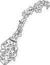 Hand drawn doodle Norway map. Norwegian city names lettering and cartoon landmarks, tourist attractions cliparts. travel, trip