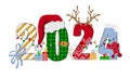 Hand drawn doodle number of 2024 with scarf, santa hat, antler and garlands. Happy new year. Christmas design for poster, banner Royalty Free Stock Photo