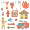 Hand drawn doodle objects collection that fireman needs