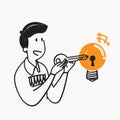 hand drawn doodle open light bulb with key symbol for key idea illustration vector Royalty Free Stock Photo