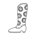 Hand drawn doodle with outline of retro cowgirl boots with sunflower pattern. Vector woman boots in cowboy western style