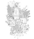 Hand drawn doodle outline spring nesting box