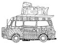 Hand drawn doodle outline surf bus volkswagen