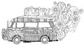 Hand drawn doodle outline surf bus volkswagen