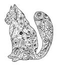 Hand drawn doodle outline vector cat illustration. Abstract kitten decorated with flowers and leaves doodles Royalty Free Stock Photo