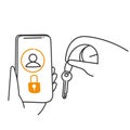 hand drawn doodle person carry key to open locked account on phone