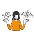 hand drawn doodle person confused to choose between good angels and bad demons illustration