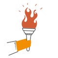 hand drawn doodle person holding torch stick with burning flame