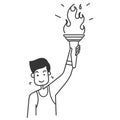 hand drawn doodle person holding torch stick with burning flame