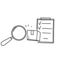 hand drawn doodle Person looking at boxes through magnifying glass and clipboard check symbol for quality check illustration Royalty Free Stock Photo