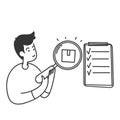 hand drawn doodle Person looking at boxes through magnifying glass and clipboard check symbol for quality check illustration Royalty Free Stock Photo