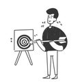 hand drawn doodle person put arrow on dartboard illustration vector