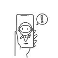 hand drawn doodle person talk with chat bot on mobile phone
