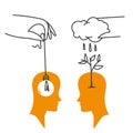 hand drawn doodle person watering plant and put idea in the head symbol for investing idea illustration