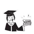 Hand drawn doodle person wear graduation gown holding book illustration vector