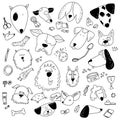 Hand drawn doodle Pets stuff and supply icons set. Vector illustration. Vet symbol collection. Cartoon dogs care Royalty Free Stock Photo