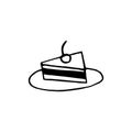 Hand drawn doodle piece of cake on plate. Hand drawn doodle icon sweet dessert isolated on white