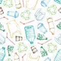 Hand drawn doodle plastic pollution seamless pattern. Vector illustration sketchy symbols collection. Bag, Bottle