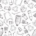 Hand drawn doodle plastic pollution seamless pattern. Vector illustration sketchy symbols collection. Bag, Bottle Royalty Free Stock Photo