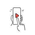 Hand drawn doodle play video on mobile illustration vector