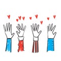 Hand drawn doodle raise hand s and love symbol for Volunteering icon vector