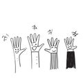 Hand drawn doodle raised audience hand with smile face in the palm illustration vector