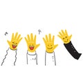 Hand drawn doodle raised audience hand with smile face in the palm illustration vector