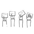 Hand drawn doodle hand raised up with paper or placard symbol for voting process, bidding icon