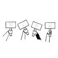 Hand drawn doodle hand raised up with placard symbol for voting process, bidding icon