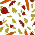 Hand drawn doodle seamless pattern in bright summer colors, vegetables beets and carrots and leaves. Cartoon style. Design for T- Royalty Free Stock Photo