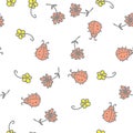 Hand drawn doodle seamless pattern of cute ladybugs, flowers and leaves.