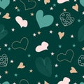 Hand-drawn doodle seamless pattern with hearts and stars.