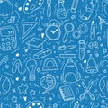 Hand drawn doodle seamless pattern with school icons on blue background. Vector illustration of supplies, back to school Royalty Free Stock Photo