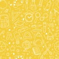 Hand drawn doodle seamless pattern with school icons on orange background. Vector illustration of supplies, back to Royalty Free Stock Photo