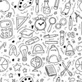 Hand drawn doodle seamless pattern with school icons on white background. Vector illustration of supplies, back to Royalty Free Stock Photo