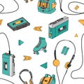 Hand drawn doodle seamless pattern with teen elements . Retro audio player, cassette, headphones, roller skates, backpack Royalty Free Stock Photo