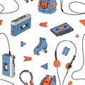 Hand drawn doodle seamless pattern with teen elements . Retro audio player, cassette, headphones, roller skates, backpack Royalty Free Stock Photo