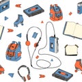 Hand drawn doodle seamless pattern with teen elements. Retro audio player, cassette, headphones, roller skates, backpack, notebook