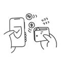 hand drawn doodle secure mobile payment illustration vector