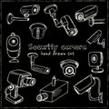 Hand drawn doodle security cameras set. Royalty Free Stock Photo