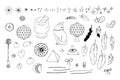 Hand drawn doodle set of black line art in boho style. Collection of stars, feathers and stones. Isolated on white background. Royalty Free Stock Photo