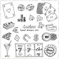 Hand drawn doodle set of Casino icons. Vector illustration. Cartoon Gambling symbols. Sketchy game elements collection