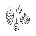 Hand drawn doodle set of Christmas tree toys isolated on white background