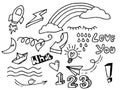 Hand drawn of doodle set. design element for concept design. cloud, rainbow, arrow 3d, eyes, line, number, rocket